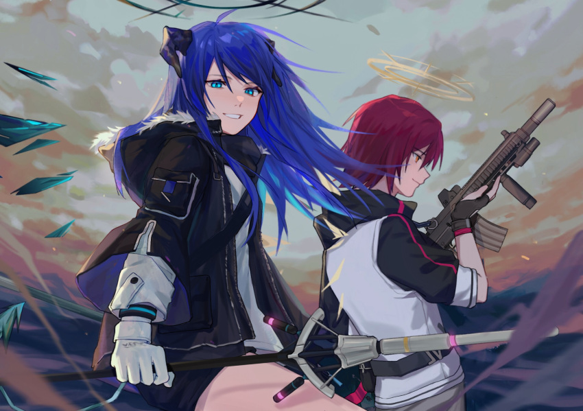 2girls arknights black_gloves black_jacket black_shorts blue_eyes blue_hair chinese_commentary closed_mouth clouds cloudy_sky cowboy_shot demon_horns detached_wings exusiai_(arknights) fingerless_gloves fur-trimmed_hood fur-trimmed_jacket fur_trim gloves glowing glowing_weapon grin gun halo highres holding holding_gun holding_staff holding_weapon hood hooded_jacket horns infection_monitor_(arknights) jacket jue_zz long_hair looking_at_viewer machine_gun mostima_(arknights) multiple_girls orange_eyes outdoors parted_lips redhead shirt short_hair short_shorts shorts sky smile staff weapon white_gloves white_jacket white_shirt wind wings