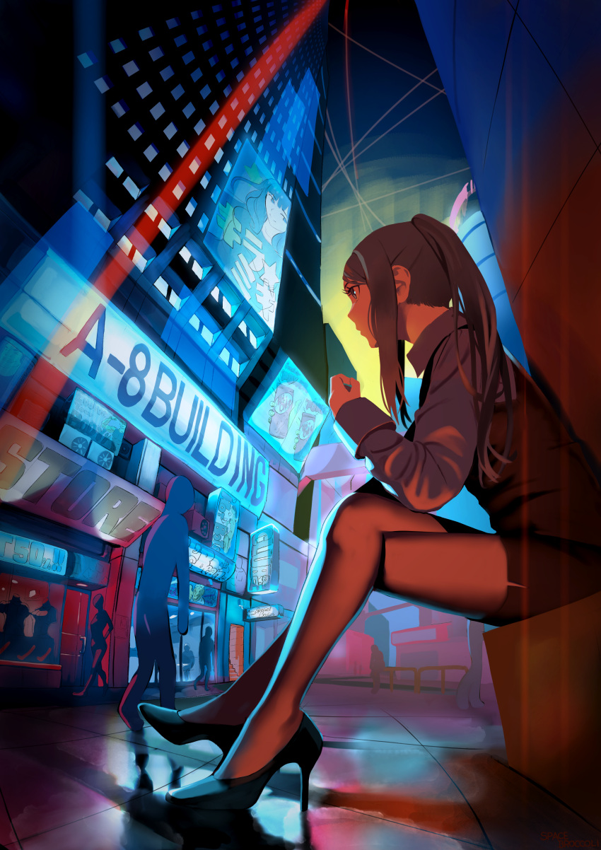 1girl 6+others absurdres ad billboard city cyberpunk english_text high_heels highres jill_stingray kira_miki long_hair multiple_others neon_lights night pantyhose purple_hair sitting spacebroccoli va-11_hall-a