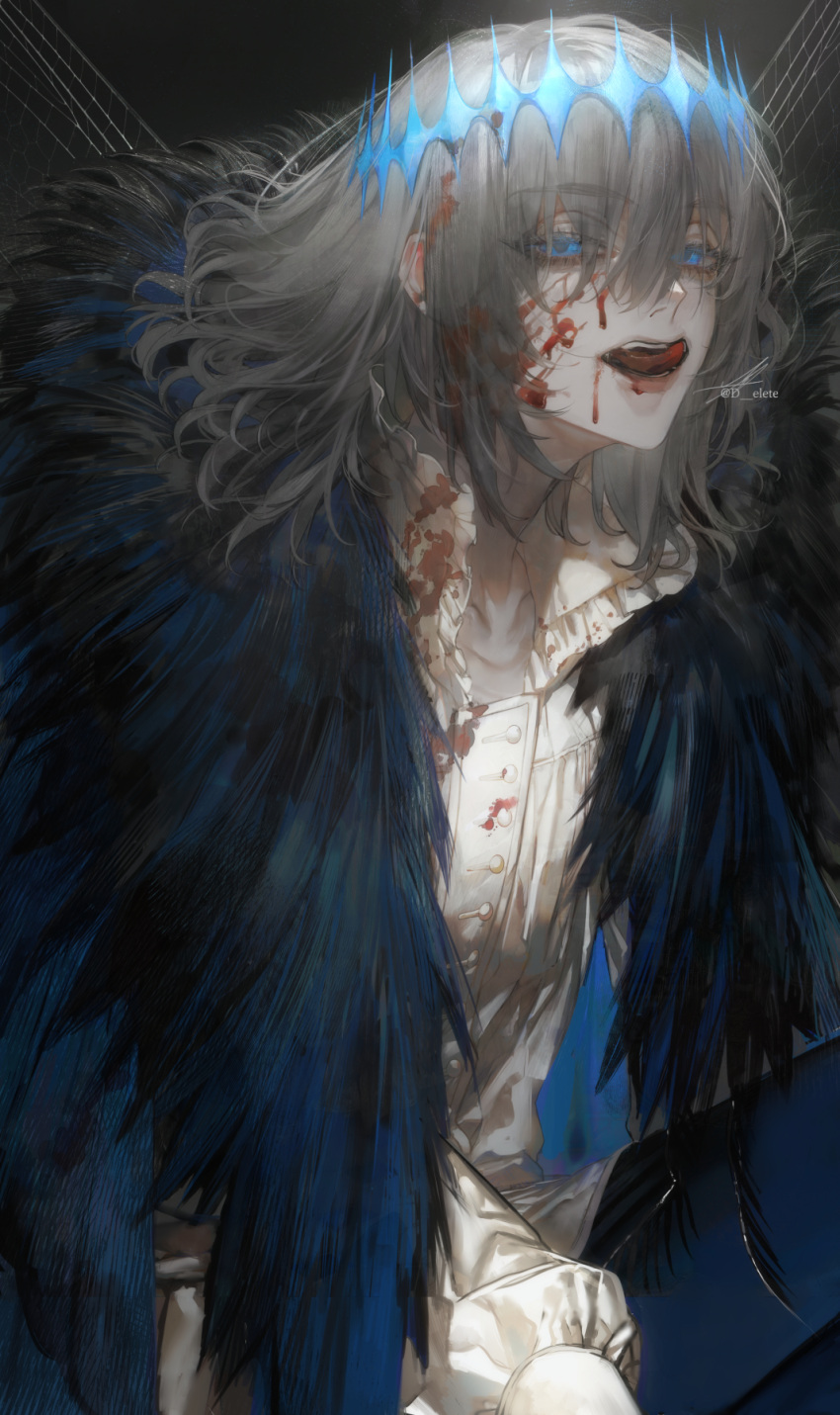 au_(d_elite) bangs blood blood_on_clothes blood_on_face blue_eyes blue_pants cloak collared_shirt cowboy_shot crown eyes_visible_through_hair fate/grand_order fate_(series) grey_hair hair_between_eyes highres long_hair long_sleeves looking_at_viewer oberon_(fate) pants shirt sitting spoilers tongue tongue_out white_shirt