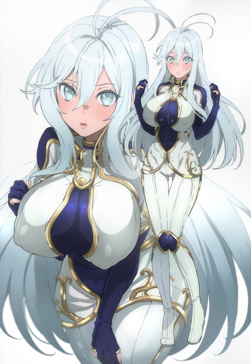 1girl 86_-eightysix- antenna_hair bangs bodysuit breasts covering covering_crotch embarrassed highres impossible_clothes kagura_kurosaki large_breasts long_hair looking_at_viewer open_mouth sidelocks simple_background solo vladilena_millize white_eyes white_hair