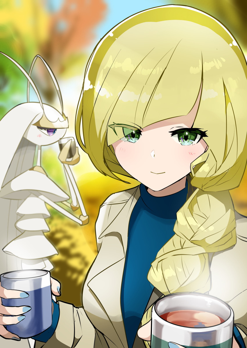 1girl absurdres akanboh alternate_costume alternate_hairstyle bangs blonde_hair blush braid closed_mouth commentary_request cup day eyelashes eyes_visible_through_hair green_eyes hair_over_shoulder highres holding holding_cup jacket liquid long_hair long_sleeves lusamine_(pokemon) nail_polish outdoors pheromosa pokemon pokemon_(creature) pokemon_(game) pokemon_sm shiny shiny_hair single_braid smile steam ultra_beast
