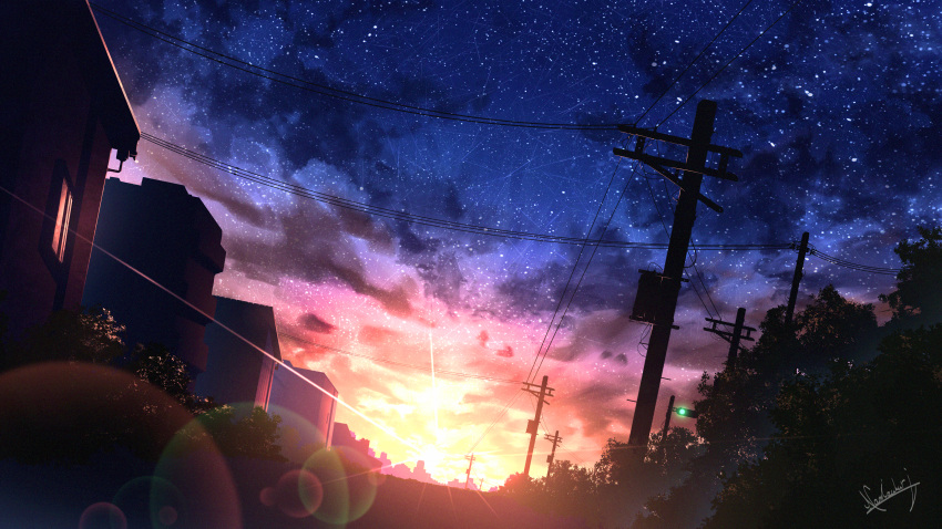 absurdres clouds colorful commentary_request constellation dusk evening highres house lens_flare light namizukuri no_humans original outdoors road scenery signature sky star_(sky) star_trail starry_sky street sunset tree twilight utility_pole