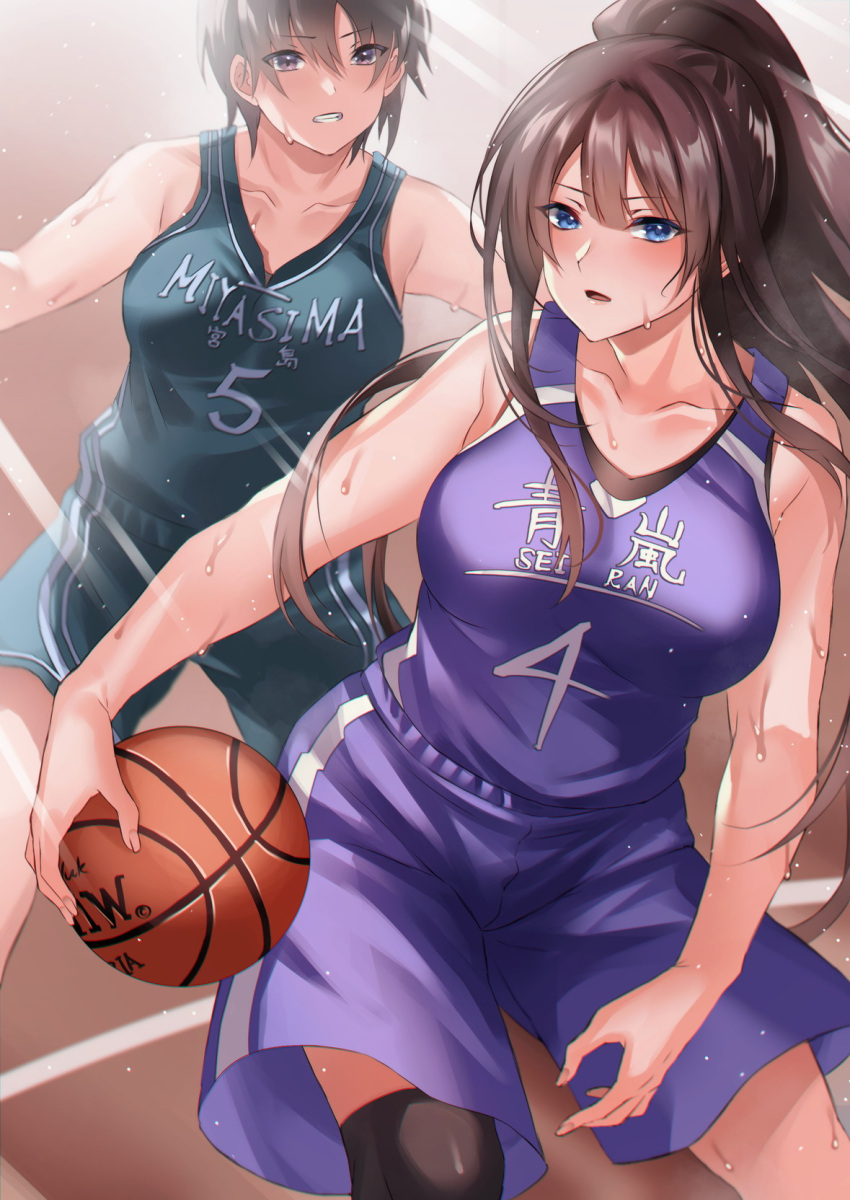 2girls ball bangs bare_shoulders basketball basketball_court basketball_jersey basketball_uniform blue_eyes brown_eyes brown_hair clenched_teeth collarbone dribbling highres holding holding_ball inue_ao jersey multiple_girls open_mouth original ponytail short_hair sidelocks single_thighhigh sportswear sweat teeth thigh-highs