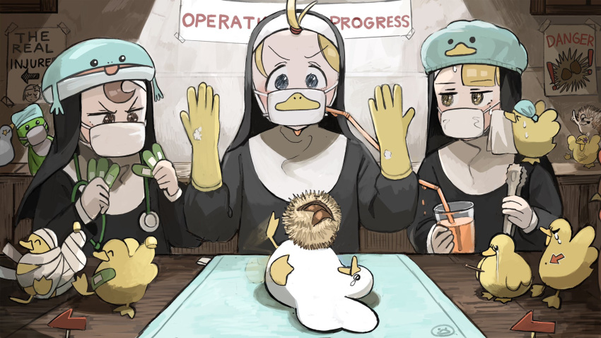 3girls arrow_(symbol) bandages bandaid bendy_straw bird catholic chestnut cup diva_(hyxpk) doll drinking_glass drinking_straw duck duckling frog frog_hat gloves habit half-bang_nun_(diva) highres hook-bang_nun_(diva) little_nuns_(diva) mask mouth_mask multiple_girls nun orange_juice protagonist_nun_(diva) rubber_gloves shower_cap stethoscope surgical_mask