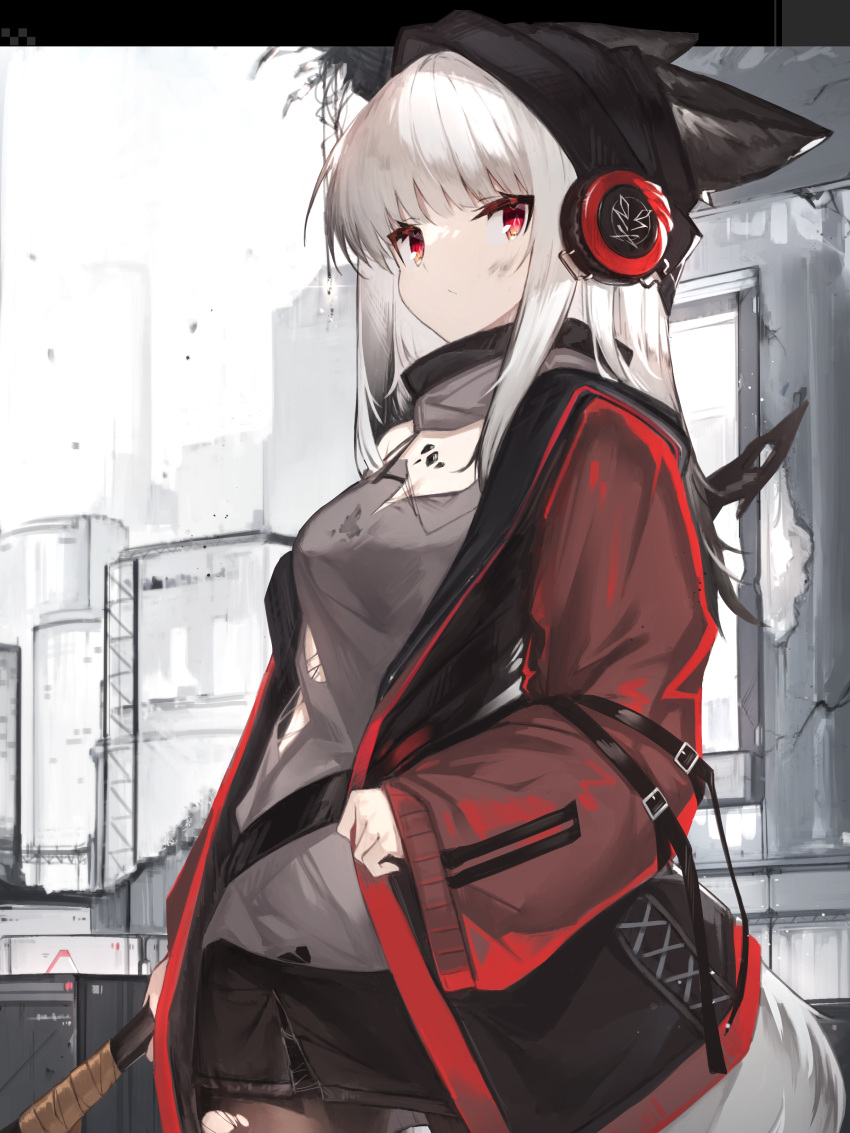 1girl absurdres animal_ears arknights bangs black_headwear black_skirt brown_legwear closed_mouth cowboy_shot day dirty dirty_face ears_through_headwear eyebrows_behind_hair fox_ears fox_girl fox_tail frostleaf_(arknights) grey_shirt headphones highres holding implied_extra_ears jacket long_hair long_sleeves looking_at_viewer miniskirt open_clothes open_jacket oripathy_lesion_(arknights) outdoors pantyhose red_eyes red_jacket shirt sidelocks silver_hair skirt solo tail torn_clothes torn_legwear torn_shirt yki