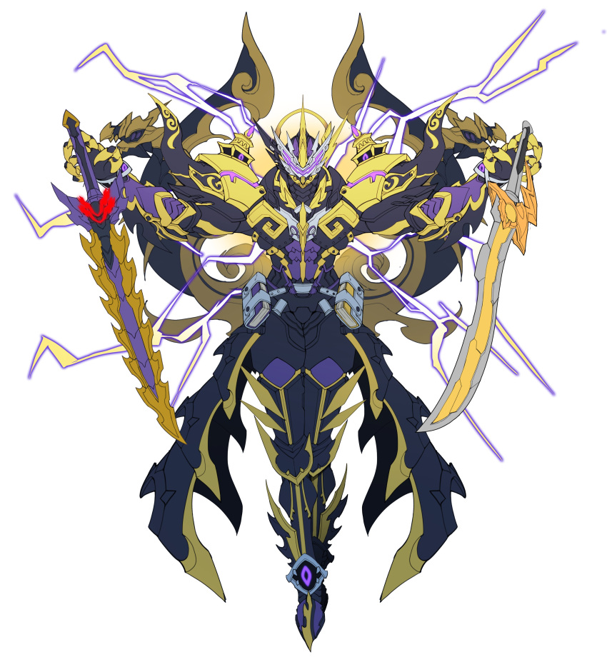 1boy absurdres armor black_armor catball1994 clawed_gauntlets dragon dual_wielding electricity full_armor gold_trim halo highres holding holding_sword holding_weapon horns kamen_rider kamen_rider_espada kamen_rider_saber_(series) lightning male_focus original pauldrons redesign sharp_teeth shoulder_armor shoulder_spikes single_horn solo spiked_armor spikes sword teeth tokusatsu violet_eyes visor weapon white_background