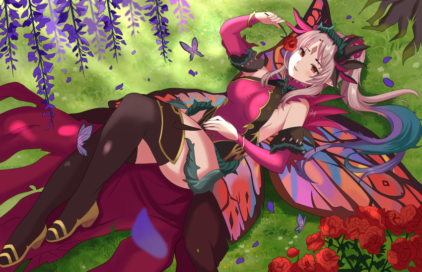 1girl absurdres bare_shoulders black_legwear breasts bug butterfly butterfly_wings detached_sleeves facial_mark fairy_wings fire_emblem fire_emblem_heroes flower forehead_mark grass hair_ornament highres holding holding_flower large_breasts leotard long_hair looking_at_viewer lying marion_(marionette_ink) multicolored_hair on_back petals plant plumeria_(fire_emblem) ponytail red_eyes red_flower red_rose rose sideboob smile solo thorns tied_hair vines wings