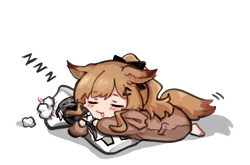 1girl animal_ears arknights black_bow bow brown_dress brown_hair ceobe_(arknights) chibi closed_eyes dakimakura_(object) doctor_(arknights) dog_ears dog_girl dog_tail dress drooling hair_bow hair_ornament hairclip highres lying mabing object_hug official_alternate_costume on_stomach onesie pillow pillow_hug ponytail shadow simple_background sleeping solo tail white_background zzz