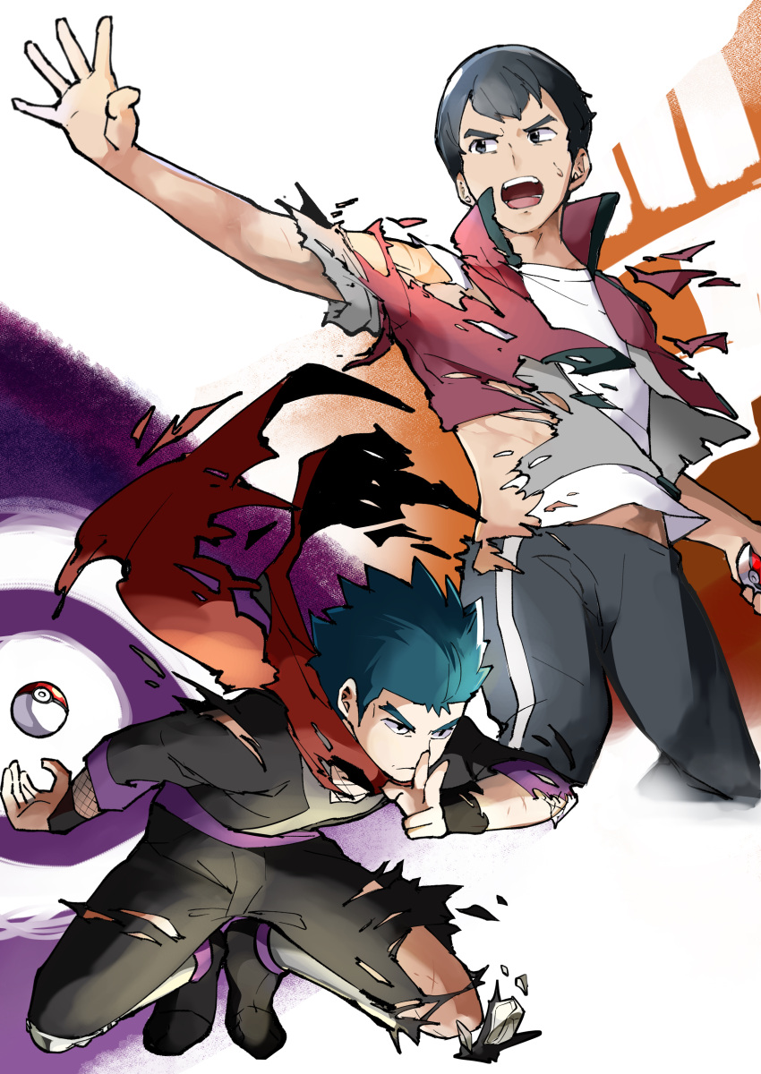 2boys absurdres akanboh black_eyes black_hair black_pants closed_mouth commentary_request fishnets green_hair hand_up highres holding holding_poke_ball jacket koga_(pokemon) looking_to_the_side male_focus multiple_boys norman_(pokemon) open_mouth pants poke_ball poke_ball_(basic) pokemon pokemon_(game) pokemon_hgss pokemon_oras red_jacket red_scarf scarf shirt shoes short_hair spiky_hair spread_legs squatting teeth tongue torn_jacket white_shirt wristband