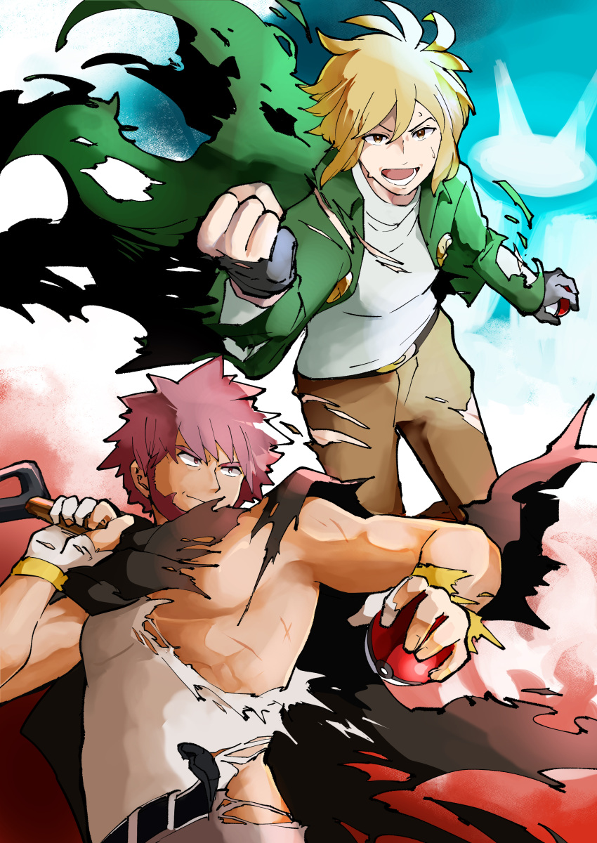 2boys absurdres akanboh bangs beard belt belt_buckle blonde_hair brown_cape brown_pants buckle byron_(pokemon) cape clenched_hand closed_mouth coat commentary_request facial_hair gloves green_coat grey_gloves grey_shirt highres holding holding_poke_ball holding_shovel looking_at_viewer lower_teeth male_focus multiple_boys open_clothes open_coat open_mouth palmer_(pokemon) pants poke_ball poke_ball_(basic) pokemon pokemon_(game) pokemon_dppt shirt short_hair shovel smile spiky_hair teeth tongue torn_clothes torn_coat torn_shirt white_shirt