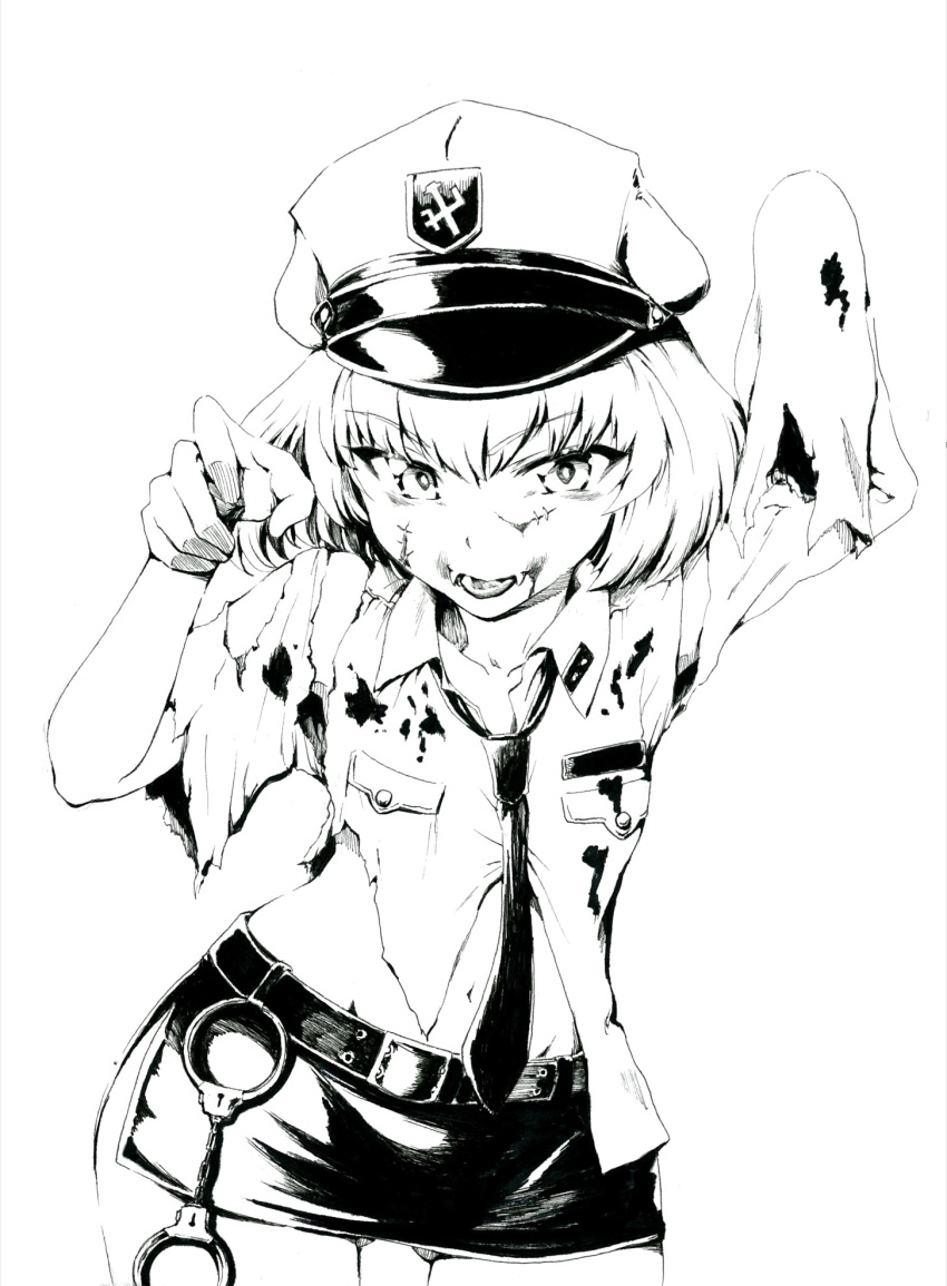 1girl arm_up bangs belt blood blood_on_clothes bob_cut claw_pose commentary cuffs dress_shirt emblem eyebrows_visible_through_hair fang fangs girls_und_panzer greyscale halloween halloween_costume handcuffs hat highres katyusha_(girls_und_panzer) long_sleeves looking_at_viewer microskirt monochrome navel necktie open_mouth peaked_cap police police_hat police_uniform pravda_(emblem) sawamiszt shirt short_hair skirt sleeves_past_fingers sleeves_past_wrists smile solo standing stitched_face tongue tongue_out torn_clothes torn_shirt uniform wing_collar