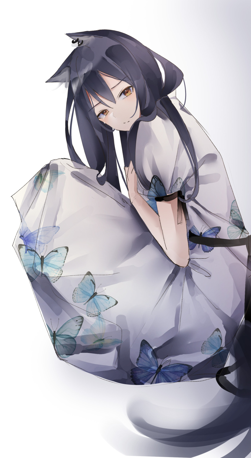 0_(znanimo) 1girl absurdres alternate_costume animal_ears animal_print arknights black_hair butterfly_print crying crying_with_eyes_open dress ear_piercing from_side highres long_hair looking_at_viewer piercing print_dress short_sleeves solo tail tears texas_(arknights) white_dress wolf_ears wolf_girl wolf_tail yellow_eyes