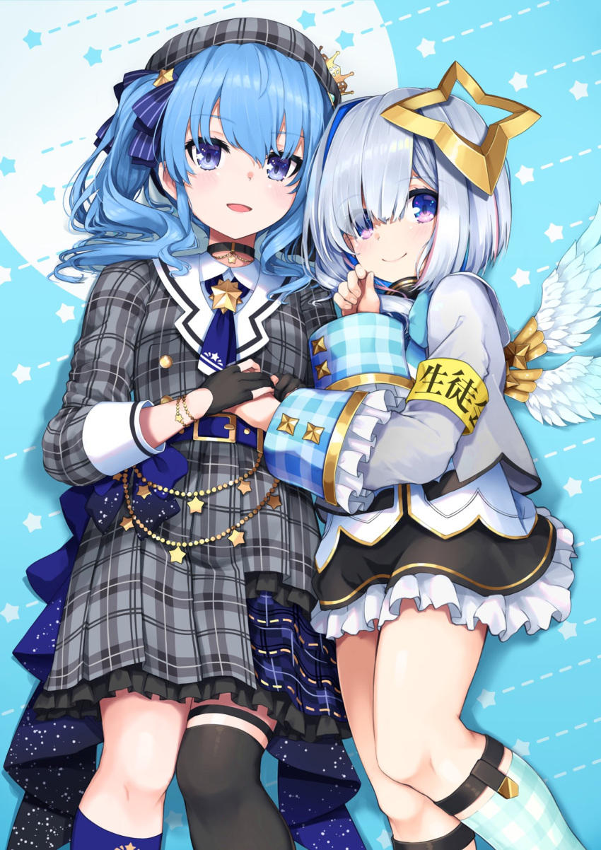 2girls amane_kanata angel_wings armband ascot asymmetrical_legwear bangs beret black_choker black_gloves black_legwear black_skirt blue_ascot blue_eyes blue_hair blue_legwear blue_ribbon blush choker closed_mouth commentary_request dress eyebrows_visible_through_hair eyes_visible_through_hair frilled_dress frilled_skirt frills gloves grey_dress grey_headwear grey_jacket hair_between_eyes hair_ribbon halo hat highres holding_hands hololive hoshimachi_suisei hototogisu_(hot_to_gis) jacket kneehighs long_hair looking_at_viewer mismatched_legwear multicolored_hair multiple_girls open_mouth partially_fingerless_gloves pink_hair plaid plaid_dress plaid_headwear ribbon side_ponytail silver_hair single_kneehigh single_thighhigh skirt smile sock_garters standing star_(symbol) star_halo star_in_eye streaked_hair symbol_in_eye thigh-highs uneven_legwear virtual_youtuber wings