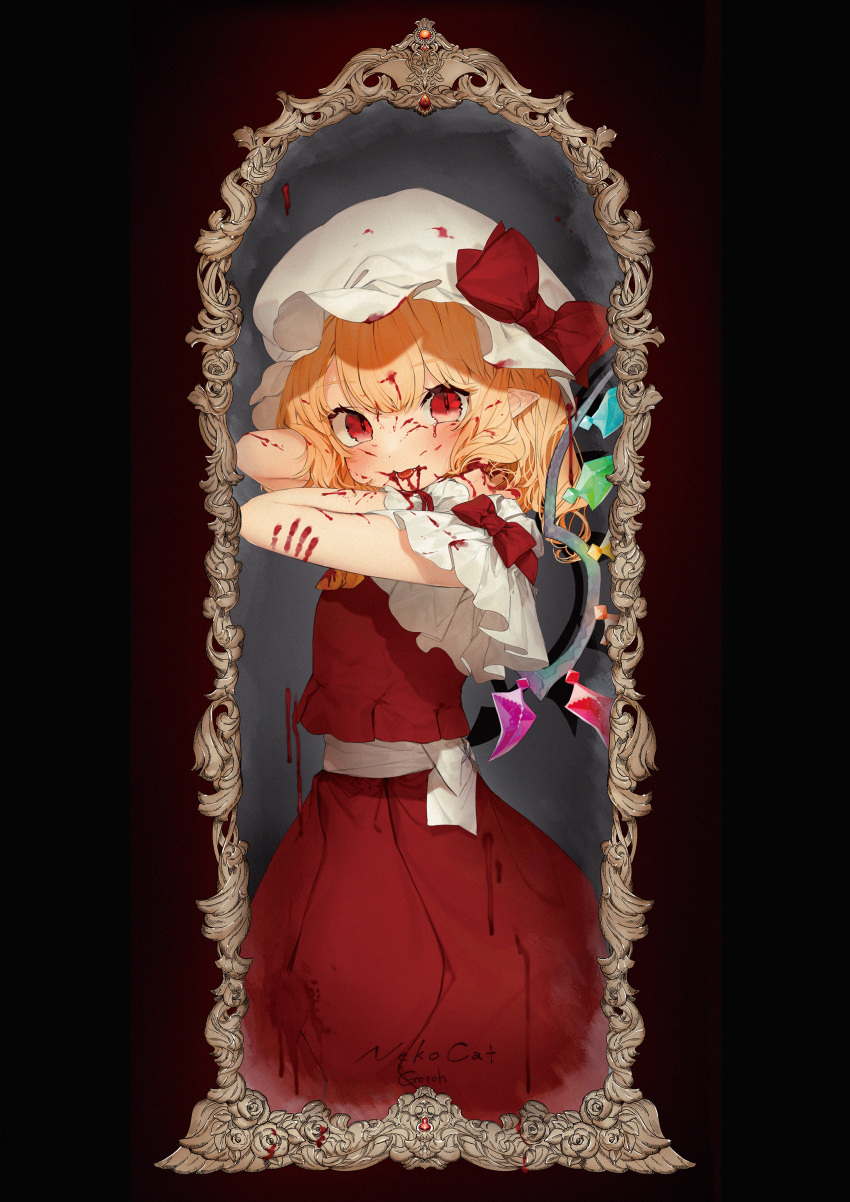 1girl :3 absurdres arm_behind_head arms_up back_bow bangs black_background blonde_hair blood blood_from_mouth blood_in_hair blood_on_arm blood_on_clothes blood_on_face blood_on_hands blood_splatter blood_stain blush bow closed_mouth cowboy_shot crystal dark dark_background dot_nose doujinshi eyebrows_visible_through_hair eyes_visible_through_hair fang fang_out film_grain flandre_scarlet frilled_cuffs frilled_sleeves frills from_side gotoh510 hand_in_hair hand_print hat hat_bow highres long_hair looking_at_viewer looking_to_the_side mirror mob_cap pointy_ears red_bow red_eyes red_skirt red_vest reflection sash short_sleeves side_ponytail signature skirt skirt_set sleeve_bow slit_pupils solo standing tongue tongue_out touhou vampire vest white_headwear white_sash wide_sleeves wings wrist_cuffs