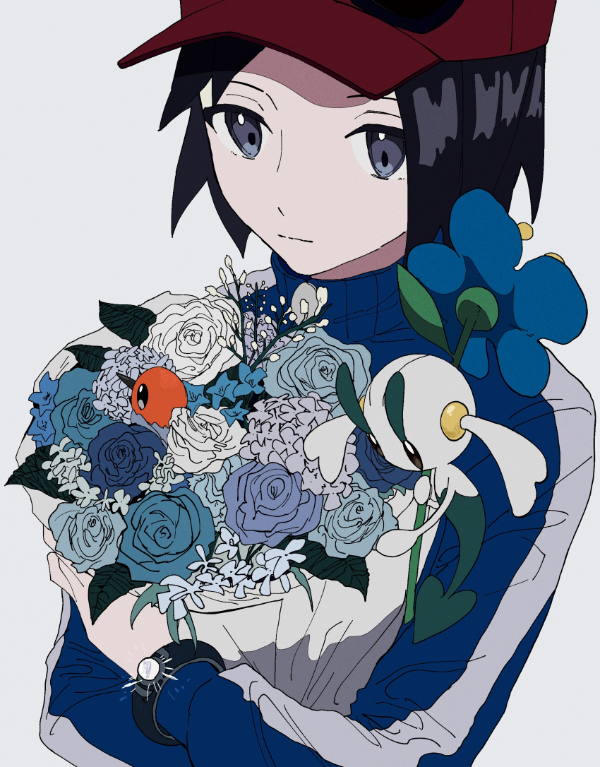 1boy absurdres asagiri_kogen bangs baseball_cap bird black_hair blue_flower blue_jacket bouquet bracelet calem_(pokemon) closed_mouth eyewear_on_headwear fletchling floette floette_(blue) flower hat highres holding holding_bouquet jacket jewelry long_sleeves male_focus pokemon pokemon_(creature) pokemon_(game) pokemon_xy red_headwear short_hair sunglasses symbol-only_commentary turtleneck turtleneck_jacket upper_body white_flower