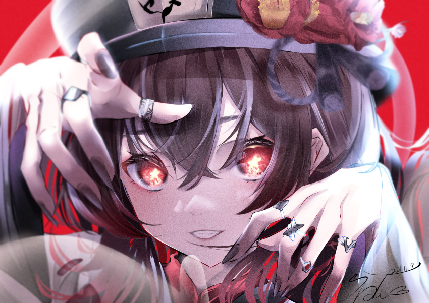 1girl absurdres black_nails breasts face fingernails fingers flower genshin_impact hands hat hat_flower highres hu_tao_(genshin_impact) jewelry long_sleeves looking_at_viewer nail_polish red_background red_eyes ring simple_background smile star-shaped_pupils star_(symbol) symbol-shaped_pupils teeth urotare