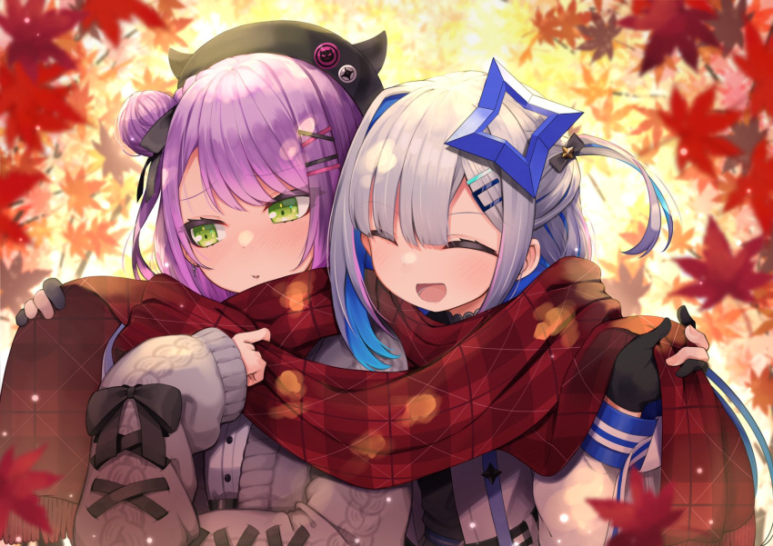 2girls :d amane_kanata asymmetrical_hair autumn_leaves bangs beret black_gloves black_headwear blue_hair blush cardigan closed_eyes colored_inner_hair commentary_request eyebrows_visible_through_hair gloves green_eyes grey_cardigan hair_bun hair_ornament hairclip halo hat highres hololive hototogisu_(hot_to_gis) jacket leaf long_sleeves looking_away maple_leaf multicolored_hair multiple_girls one_side_up open_mouth parted_lips partially_fingerless_gloves pink_hair purple_hair red_scarf scarf shared_scarf sideways_glance silver_hair smile star_halo streaked_hair tokoyami_towa underwear virtual_youtuber white_jacket x_hair_ornament