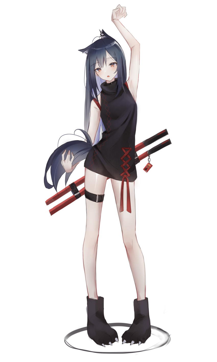 0_(znanimo) 1girl absurdres animal_ears arknights black_hair black_sweater commentary ear_piercing extra_ears full_body hand_up highres long_hair looking_at_viewer no_legwear open_mouth piercing scabbard sheath shoulder_strap simple_background sleeveless sleeveless_sweater solo standing straight-on sweater symbol-only_commentary tail tail_grab texas_(arknights) thigh_strap weapon weapon_on_back white_background wolf_ears wolf_girl wolf_tail yellow_eyes