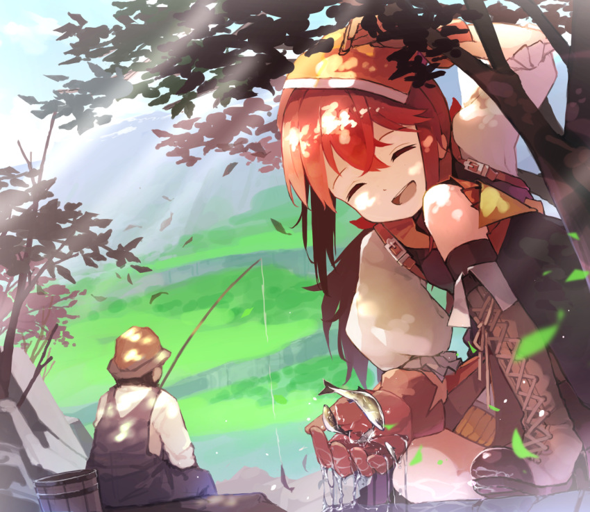 1boy 1girl bangs boots brown_footwear brown_gloves brown_hair bucket closed_eyes commission cross-laced_footwear dress falcon_(girls'_frontline) fish fishing fishing_rod giant giantess girls_frontline gloves headband knee_boots lace-up_boots medium_hair open_mouth outdoors red_headband skeb_commission smile suginakara_(user_ehfp8355) tree