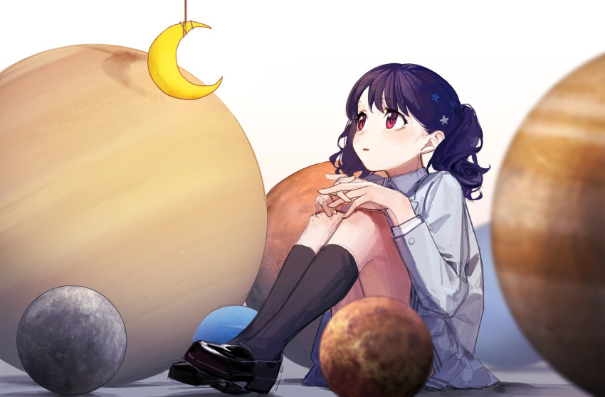 1girl :o black_footwear black_legwear blazer blurry crescent_moon dark_blue_hair depth_of_field earth_(planet) fukumaru_koito grey_jacket hair_ornament hanging idolmaster idolmaster_shiny_colors jacket jupiter_(planet) kneehighs knees_up looking_at_object looking_up mars_(planet) mercury_(planet) moon neptune_(planet) planet pleated_skirt red_eyes saturn_(planet) school_uniform simple_background skirt solo star_(symbol) star_hair_ornament twintails venus_(planet) wavy_hair white_background zhili_xingzou