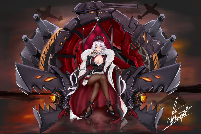 1girl absurdres aircraft artillery azur_lane black_footwear black_headwear black_jacket bra bra_peek breasts brown_gloves brown_legwear cape capelet finger_to_own_chin full_body fur-trimmed_cape fur_trim gloves graf_zeppelin_(azur_lane) hair_between_eyes half_gloves hat high_heels highres jacket light_purple_hair long_hair looking_at_viewer meephan miniskirt pantyhose peaked_cap pleated_skirt red_eyes reflection rigging shoes signature sitting skirt solo turret underwear uniform very_long_hair white_bra white_cape white_capelet white_skirt