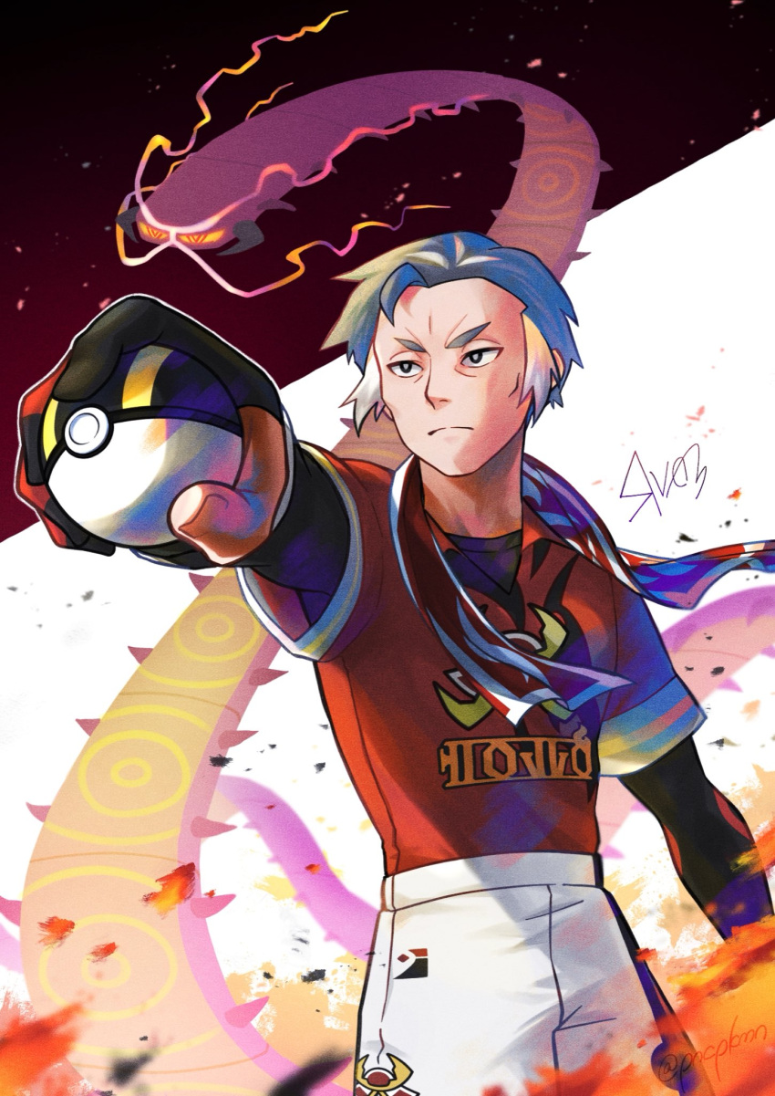 1boy black_eyes black_undershirt bright_pupils centiskorch closed_mouth collared_shirt commentary_request fire frown gigantamax gigantamax_centiskorch gloves grey_hair highres holding holding_poke_ball kabu_(pokemon) male_focus multicolored_hair outstretched_arm partially_fingerless_gloves poke_ball pokemon pokemon_(creature) pokemon_(game) pokemon_swsh punico_(punico_poke) red_shirt shirt short_hair short_sleeves shorts split_mouth towel towel_around_neck twitter_username two-tone_hair ultra_ball undershirt white_pupils white_shorts