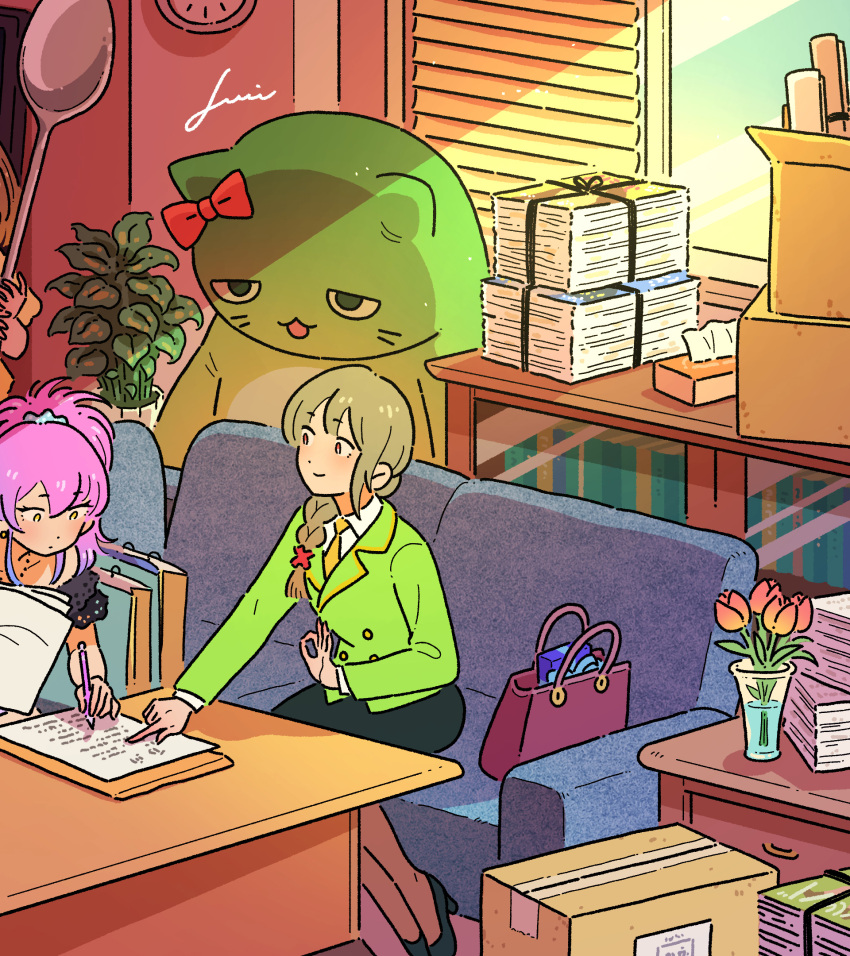2girls clock couch cropped green_jacket highres holding holding_pen idolmaster idolmaster_cinderella_girls indoors jacket jennie_congee jougasaki_mika light_smile looking_at_another looking_at_object multiple_girls office office_lady ok_sign on_couch pen pina_korata plant pointing ponytail senkawa_chihiro side_ponytail sitting stuffed_toy sunlight table