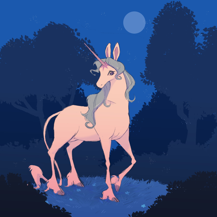 absurdres animal animal_focus blue_flower blue_hair blue_sky bush closed_mouth cloven_hooves cow_tail flower full_body full_moon grass hashtag_only_commentary highres horns horse lady_amalthea moon no_pupils silhouette single_horn sky standing star_(sky) starry_sky tail tail_tuft the_last_unicorn traditional_unicorn tree unicorn violet_eyes waackery wavy_hair white_horse
