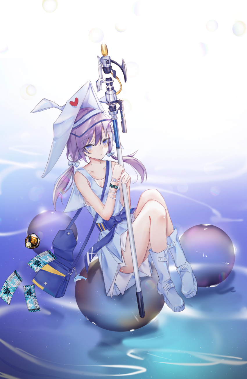 0_(znanimo) 1girl absurdres arknights black_wristband blue_bow boots bow bracelet bubble collarbone dress full_body hat highres holding holding_staff infection_monitor_(arknights) jewelry long_hair looking_at_viewer lungmen_dollar originium_(arknights) purestream_(arknights) purple_hair sash sleeveless sleeveless_dress solo staff twintails violet_eyes visor_cap water white_dress white_footwear white_headwear