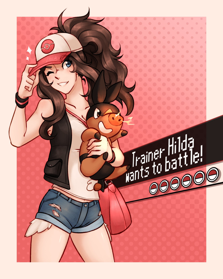 1girl absurdres bag baseball_cap black_vest blue_eyes border brown_hair character_name commentary curly_hair denim denim_shorts english_commentary grin hand_up hat high_ponytail highres hilda_(pokemon) holding holding_pokemon lockii long_hair one_eye_closed open_clothes open_vest pink_bag poke_ball_symbol pokemon pokemon_(creature) pokemon_(game) pokemon_bw shirt short_shorts shorts shoulder_bag sidelocks sleeveless sleeveless_shirt smile sparkle tepig vest white_border white_shirt wristband