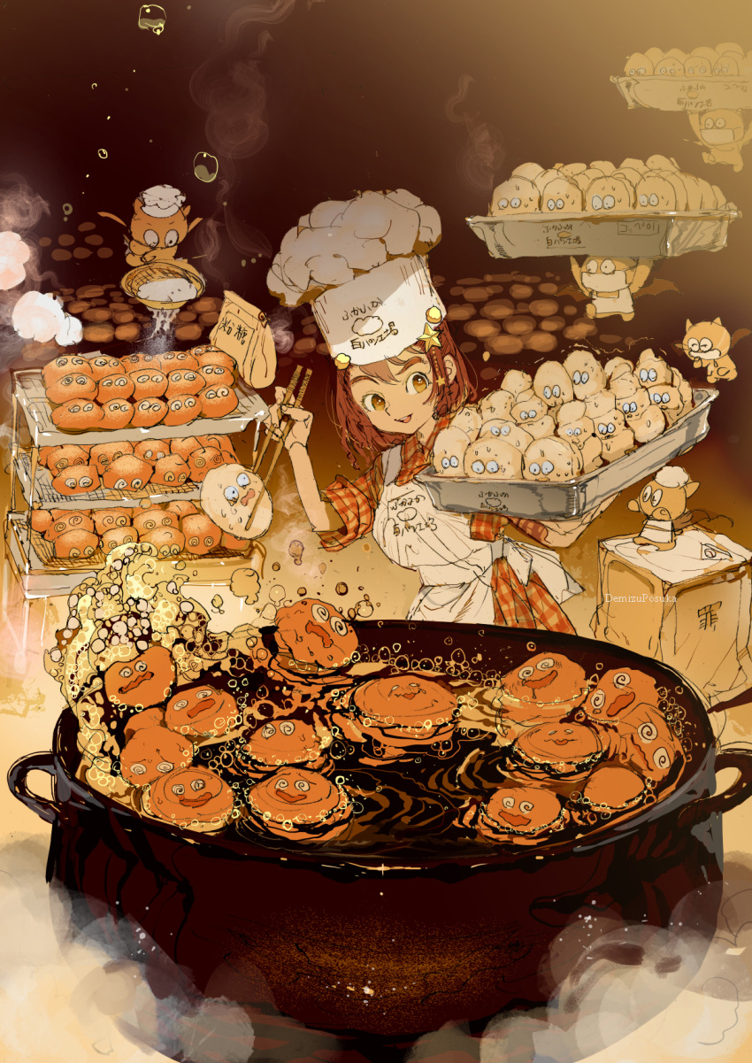 1girl :d apron boiling brown_eyes brown_hair cauldron checkered checkered_shirt chef_hat chopsticks cooking demizu_posuka food food_focus hat hat_ornament highres holding holding_chopsticks multiple_others open_mouth original shirt smile standing steam tray