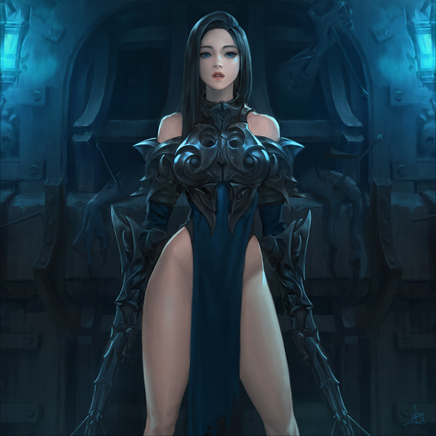 1girl armor arrow_(projectile) bangs bare_shoulders black_hair blue_eyes breastplate breasts commentary daeho_cha door dress dual_wielding fantasy gauntlets green_dress highres holding holding_weapon large_breasts long_hair no_panties open_mouth original outdoors red_lips signature solo teeth weapon
