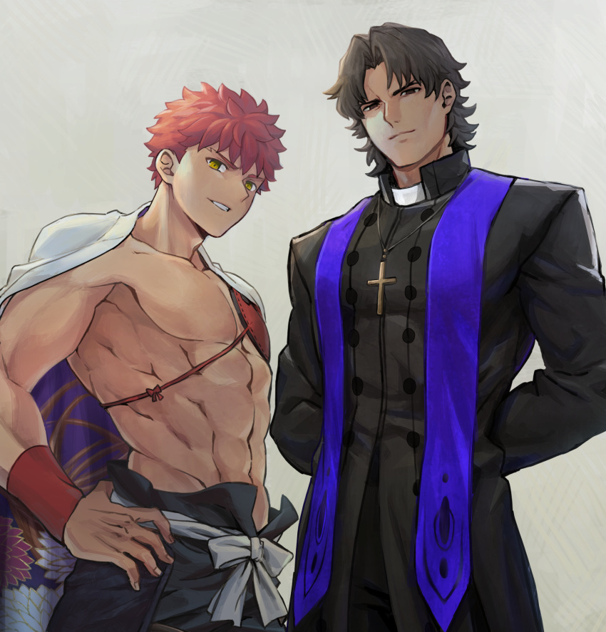 2boys abs arms_behind_back bare_pectorals black_pants brown_eyes brown_hair cape commentary cross cross_necklace emiya_shirou fate/grand_order fate/stay_night fate_(series) grey_background hair_intakes highres igote jewelry kotomine_kirei looking_at_viewer male_focus mitre multiple_boys necklace no_nipples orange_hair pants parted_lips pectorals rasputin_(fate) senji_muramasa_(fate) simple_background standing toned toned_male tuto_(mokuchin09) yellow_eyes