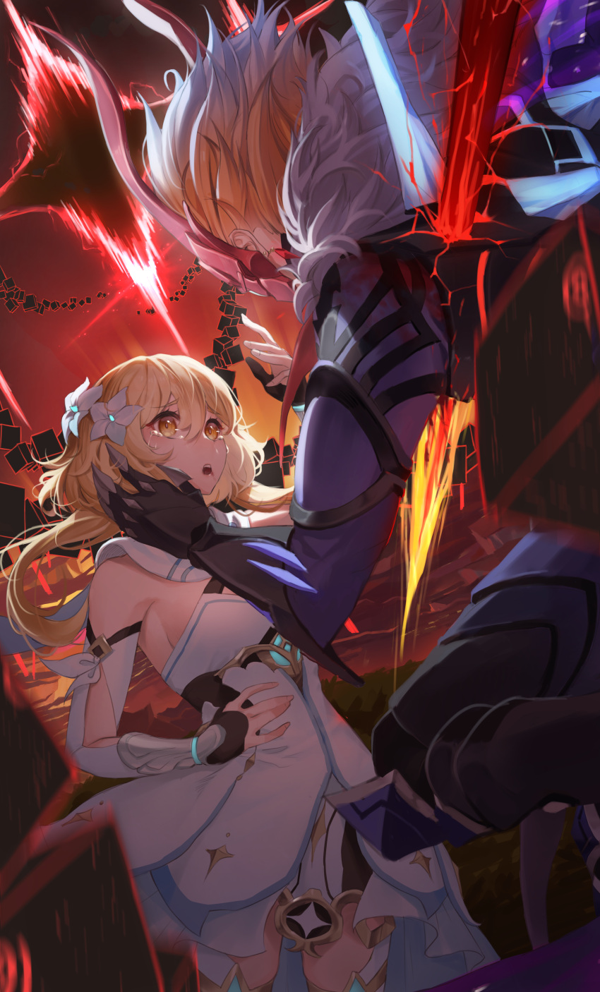 1boy 1girl absurdres armor blonde_hair breasts claws crying crying_with_eyes_open cube dress fingerless_gloves flower fur_trim genshin_impact gloves hair_flower hair_ornament hand_on_another's_face highres lumine_(genshin_impact) mask netural open_mouth orange_hair protecting red_sky sad scarf sky tartaglia_(genshin_impact) tears thigh-highs vambraces white_dress white_scarf yellow_eyes