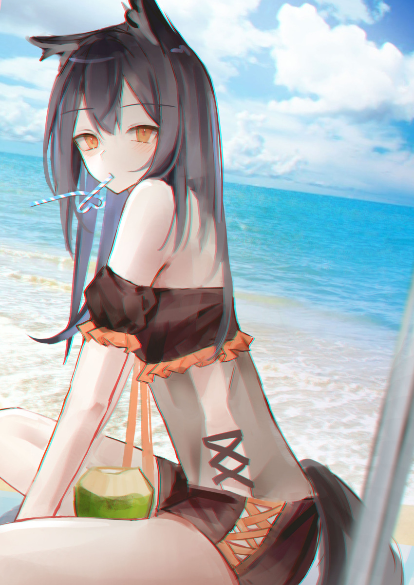 0_(znanimo) 1girl absurdres animal_ears arknights bare_shoulders beach beach_umbrella bikini black_bikini black_hair blue_sky clouds drinking_straw_in_mouth ear_piercing eyebrows_visible_through_hair from_side highres long_hair off-shoulder_bikini off_shoulder orange_eyes piercing sand sitting sky solo swimsuit tail texas_(arknights) umbrella water wolf_ears wolf_girl wolf_tail