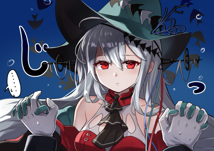 ... 1girl aqua_gloves aqua_headwear arknights ascot black_ascot breasts collarbone doctor_(arknights) dress gloves hair_between_eyes interlocked_fingers large_breasts long_hair mitake_eil official_alternate_costume pointy_hat red_dress red_eyes silver_hair skadi_(arknights) skadi_the_corrupting_heart_(arknights) sleeveless sleeveless_dress solo_focus speech_bubble spoken_ellipsis upper_body