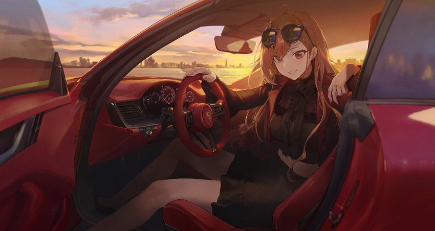 1girl arisugawa_natsuha asymmetrical_bangs bangs bare_legs black_shirt black_skirt blurry bow bowtie car car_interior crop_top depth_of_field ear_piercing eyewear_on_head grin ground_vehicle highres holding idolmaster idolmaster_shiny_colors jacket lace-trimmed_shirt lace_trim looking_at_viewer midriff mossi motor_vehicle multicolored_clothes multicolored_jacket nail_polish orange_hair outdoors piercing porsche porsche_911 see-through_shirt shirt skirt smile solo sports_car sunglasses sunset two-tone_jacket