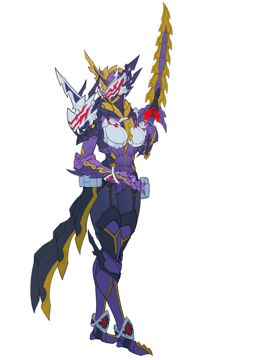 1girl absurdres armor asymmetrical_armor breasts catball1994 clawed_gauntlets dragon dragon_horns fake_horns full_armor garter_straps gauntlets genderswap genderswap_(mtf) gold_trim helmet highres holding holding_sword holding_weapon horned_helmet horns kamen_rider kamen_rider_calibur kamen_rider_saber_(series) large_breasts looking_to_the_side pauldrons purple_armor red_eyes sabaton sharp_teeth shoulder_armor shoulder_spikes silver_trim single_horn solo spiked_armor spiked_gauntlets spiked_helmet spikes standing sword teeth thick_thighs thighs tokusatsu visor weapon white_background wide_hips