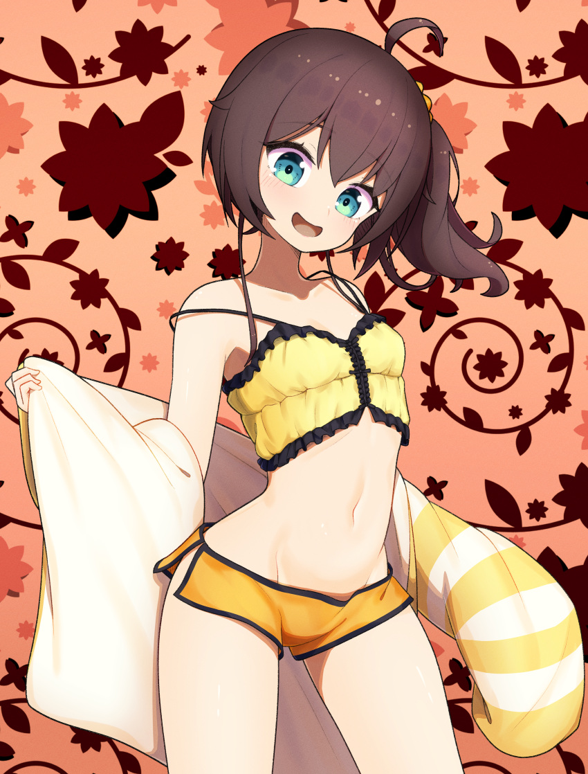 1girl absurdres ahoge bangs blue_eyes breasts brown_hair camisole cowboy_shot frilled_camisole hair_between_eyes head_tilt highres hololive jacket long_sleeves looking_at_viewer lunch_boxer medium_hair natsuiro_matsuri navel open_clothes open_jacket open_mouth orange_shorts scrunchie short_shorts shorts side_ponytail small_breasts smile stomach strap_slip striped striped_jacket thighs translation_request virtual_youtuber white_jacket yellow_camisole yellow_jacket yellow_scrunchie