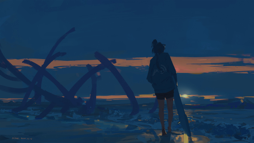 1girl artist_name bare_legs barefoot beach black_shorts blue_jacket clouds cloudy_sky commentary_request dated full_body hair_bun holding holding_surfboard jacket morning ocean original outdoors shorts sky solo sun sunrise surfboard xilmo