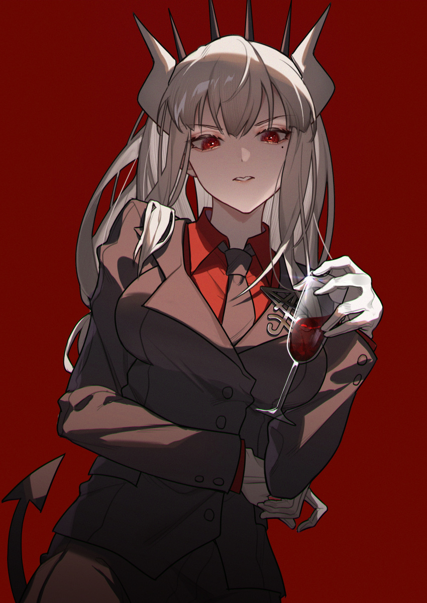 1girl absurdres bangs black_jacket black_necktie breasts collared_shirt cowboy_shot cup demon_girl demon_horns demon_tail drinking_glass gloves grey_hair helltaker highres horns jacket large_breasts long_hair long_sleeves lucifer_(helltaker) mole mole_under_eye necktie parted_lips red_background red_eyes red_shirt set_xshiver shiny shiny_hair shirt simple_background solo tail teeth white_gloves wine_glass