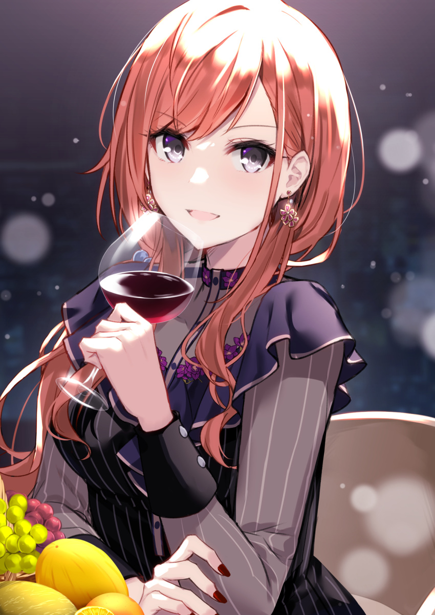 1girl alcohol aosaki_yukina arisugawa_natsuha bangs cup drinking_glass earrings eyebrows_visible_through_hair fingernails food fruit grapes grey_eyes highres holding holding_cup idolmaster idolmaster_shiny_colors jewelry lemon long_hair long_sleeves looking_at_viewer nail_polish open_mouth parted_bangs red_nails redhead smile solo upper_body wine wine_glass