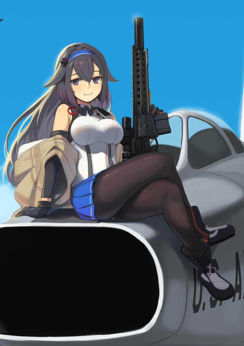 1girl aircraft airplane bangs bare_shoulders black_hair blush breasts crossed_legs detached_sleeves girls_frontline gloves hair_flaps highres jet kion-kun large_breasts long_hair mole mole_under_eye pantyhose pleated_skirt shoes sidelocks sitting skirt sleeveless smile solo super_sass super_sass_(girls'_frontline) thighs vehicle_request very_long_hair