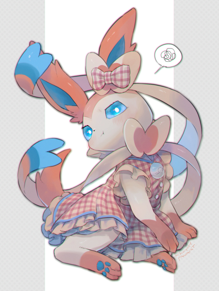 :t blue_eyes blush bow buttons closed_mouth clothed_pokemon commentary_request dress full_body highres kikuyoshi_(tracco) looking_at_viewer no_humans pokemon pokemon_(creature) pout short_sleeves solo spoken_squiggle squiggle sylveon