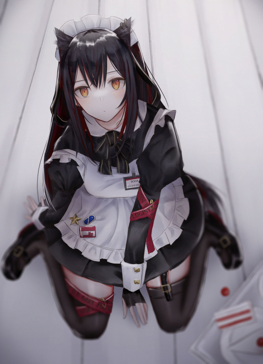 0_(znanimo) 1girl absurdres alternate_costume animal_ears arknights black_bow black_bowtie black_footwear black_gloves blurry bow bowtie cake cake_slice character_name depth_of_field elbow_gloves enmaided extra_ears fingerless_gloves food from_above full_body garter_straps gloves hair_between_eyes highres id_card looking_at_viewer maid maid_headdress penguin_logistics_logo pin single_garter_strap sitting tail texas_(arknights) thigh-highs wariza white_headdress white_wrist_cuffs wolf_ears wolf_girl wolf_tail yellow_eyes zettai_ryouiki