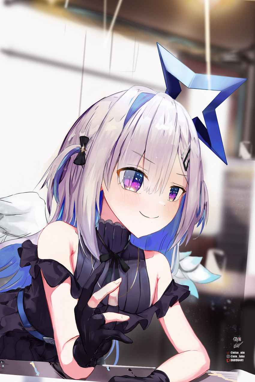 1girl amane_kanata angel angel_wings arm_wrestling asymmetrical_bangs asymmetrical_hair bangs belt black_dress black_gloves blue_belt blue_hair blue_wings blurry blurry_background blush closed_mouth colored_inner_hair dress eyebrows_visible_through_hair feathered_wings frilled_dress frills from_side gloves hair_ornament hair_over_one_eye hairclip halo highres hololive indoors jewelry leaning_on_table long_hair looking_ahead multicolored_hair neck_ribbon necklace nin_fake partially_fingerless_gloves pleated_dress raised_eyebrow ribbon signature silver_hair single_hair_intake sleeveless sleeveless_dress smile solo star_(symbol) star_halo star_necklace streaked_hair turtleneck turtleneck_dress two_side_up violet_eyes virtual_youtuber white_wings wings