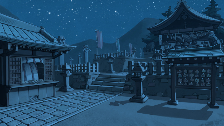 absurdres architecture banner building east_asian_architecture ema fence fir_tree gensokyo highres komainu moriya_shrine mountainous_horizon night no_humans onbashira outdoors path pavement rope scenery shadow shide shimenawa shinto shop shrine sky stairs star_(sky) starry_sky stone_lantern stone_stairs stone_walkway touhou tree u-joe