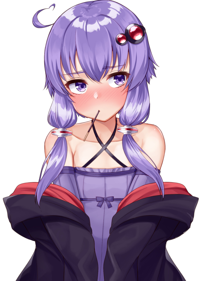 1girl ahoge black_hoodie blush closed_mouth collarbone criss-cross_halter dress eyebrows_visible_through_hair food hair_between_eyes hair_ornament halter_dress halterneck highres hood hoodie long_sleeves mouth_hold open_clothes open_hoodie pocky pocky_day purple_dress purple_hair short_hair_with_long_locks simple_background solo tenneko_yuuri upper_body violet_eyes vocaloid voiceroid white_background yuzuki_yukari