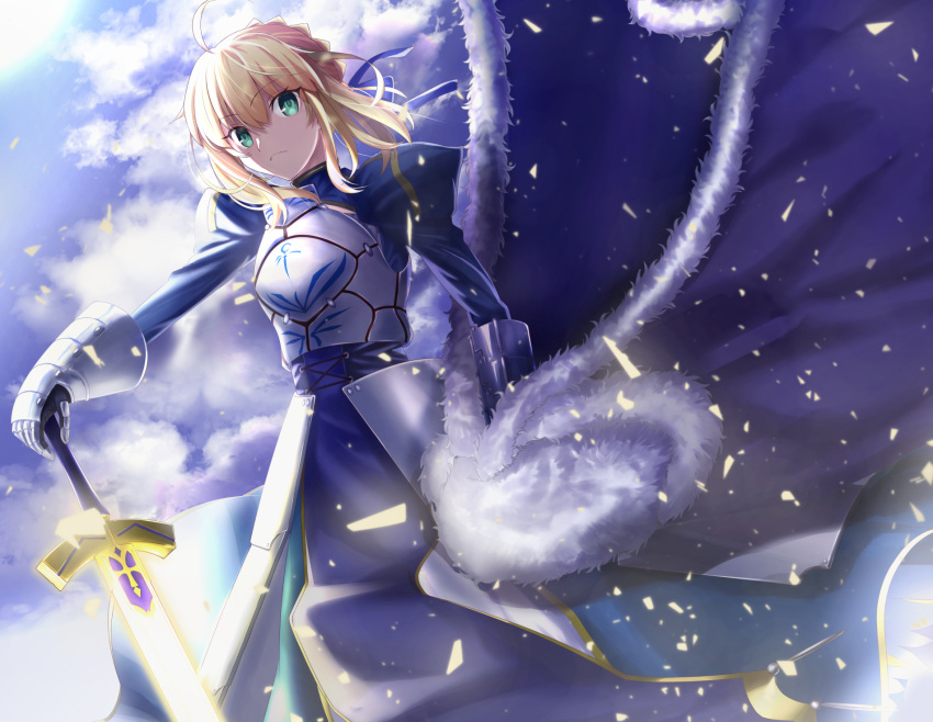 1girl ahoge armor armored_dress artoria_pendragon_(fate) bangs blonde_hair blue_cape blue_dress blue_ribbon blue_sky braid breastplate breasts cape dress excalibur_(fate/stay_night) fate/stay_night fate_(series) faulds french_braid gauntlets green_eyes hair_bun hair_ribbon highres juliet_sleeves long_hair long_sleeves looking_at_viewer medium_breasts neko_daruma puffy_sleeves ribbon saber sidelocks sky sword weapon