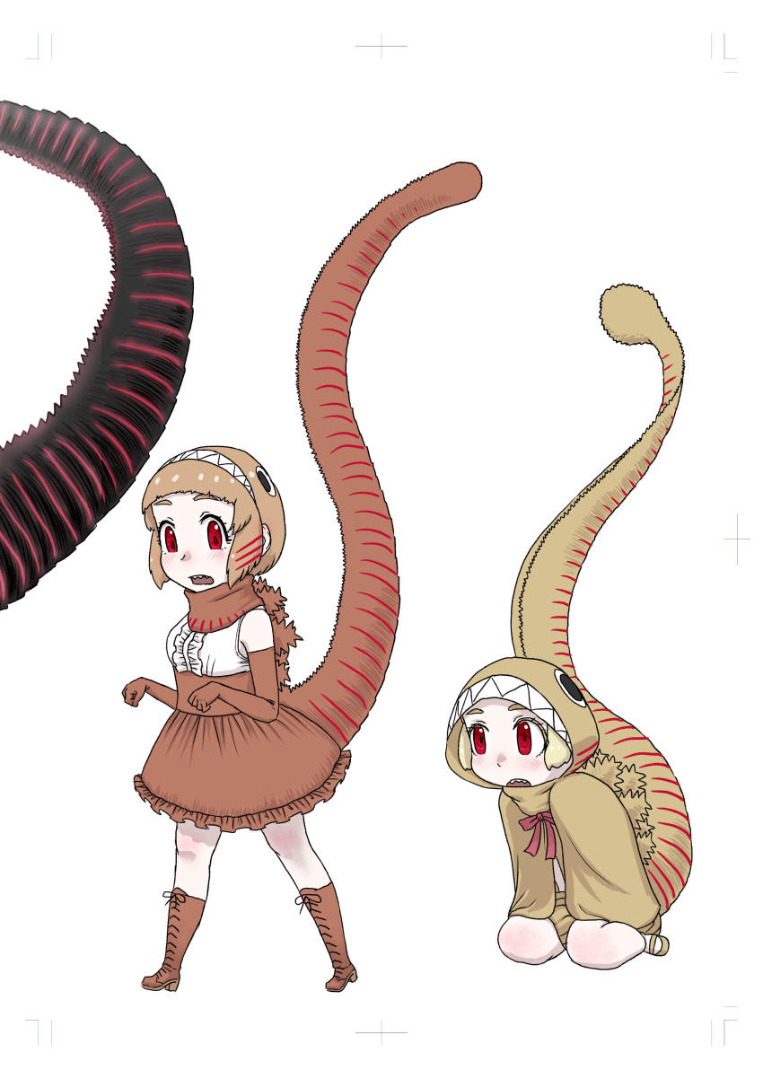 2girls absurdres age_progression bare_shoulders blonde_hair boots brown_hair capelet center_frills chibi child elbow_gloves frills full_body gloves godzilla godzilla_(series) godzilla_(shin) hairband highres hood hood_up hooded_capelet kishida_shiki light_brown_hair long_tail medium_hair medium_skirt monster_in_kamata monster_in_shinagawa multiple_girls open_mouth original personification red_eyes shin_godzilla shirt simple_background sitting skirt sleeveless sleeveless_shirt tail walking white_background